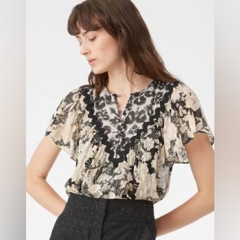 Rebecca Taylor Floral Silk Flutter Top Black Gold Size 4
